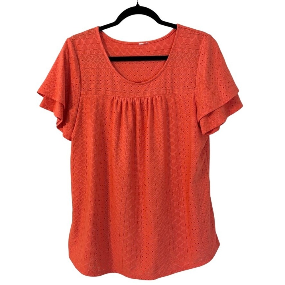 Coral‎ Eyelet Lace Flutter Sleeve Scoop Neck Blouse Casual Feminine Coastal Chic